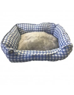 CAMA PARA PERROS CUADROS AZUL Y GRIS