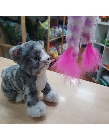 CAÑA PESCAR GATO CON PLUMAS ROSAS